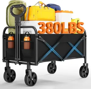 Foldable GarveeLife Multi-Purpose Trolley with All-Terrain Wheels, Drink Holders and Adjustable Grip, 172 kg, Portable Food Trolley for Shopping, Camping, Garden, Car Travel Accessories Black