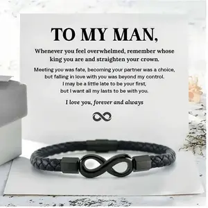 StainlessSteelBraidedBraceletForMenToMyMan-ILoveYouForeverAndAlways-InfinityFauxLeatherBracelet,ForXmas,Birthday,AnniversaryWithCard,8.46inches,Men'SJewelryMen'SGifts