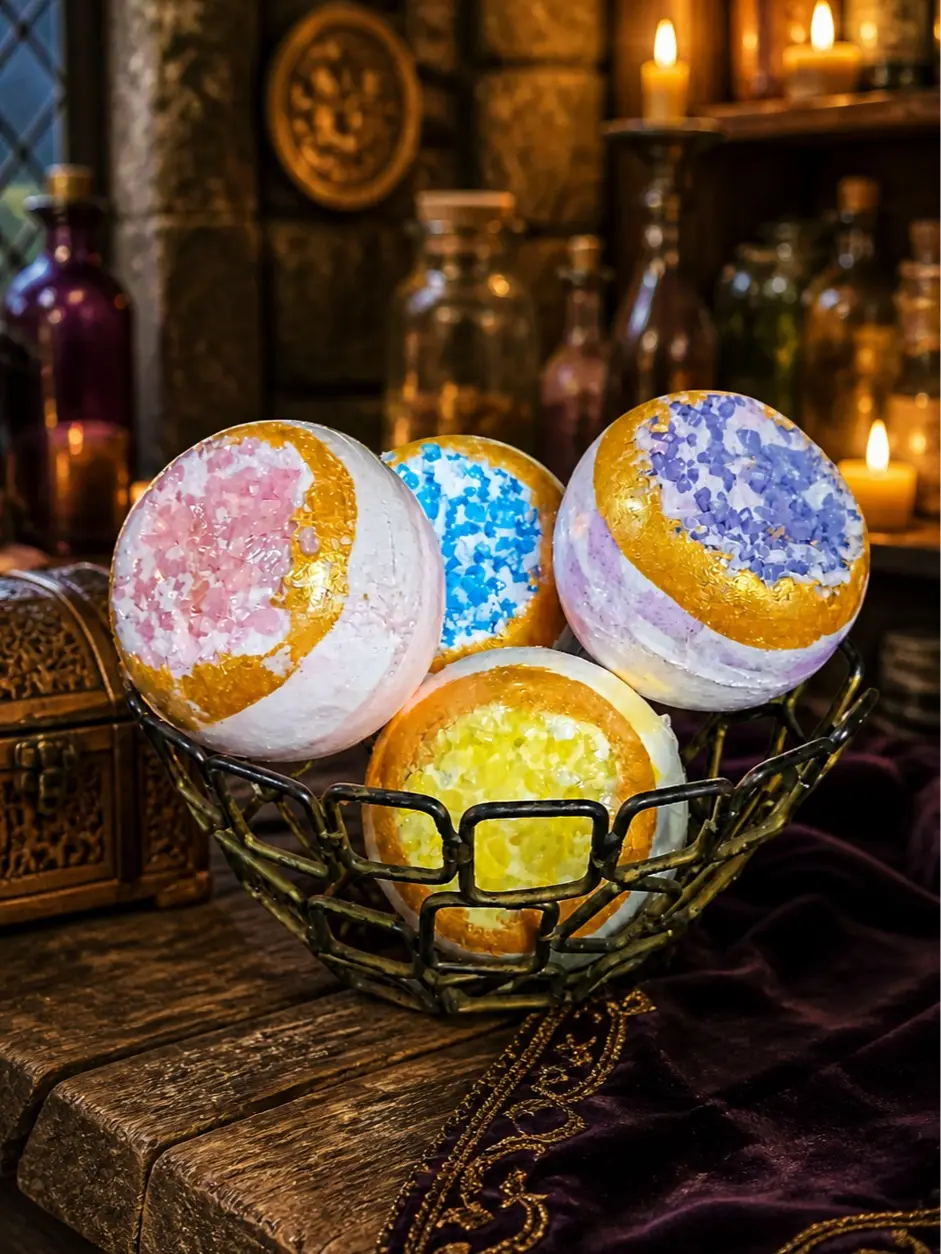 The Armored Kingdom Crystal Quartz Bath Bombs, 4-Pack Scented Spa Gift Set with Natural Fragrance, Shea Butter, Chamomile & Turmeric, Aroma, Blend, Rosemary, Peppermint, Body Care, Oat, Turmeric Powder, Hydrating, Organic, Lemon, Youth, Fresh Scents