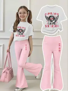 Girls' Cupid Sweet Cool Two-Piece Set, Round Neck Short Sleeve & Flare Pants, Casual Fitted Style, All Seasons