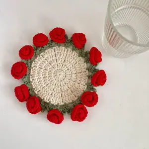 Flower Crochet Coasters, Handmade Bouquet Blanket Coaster for Coffee Tabletop Protection and Home Decor (Red, 1Pc)