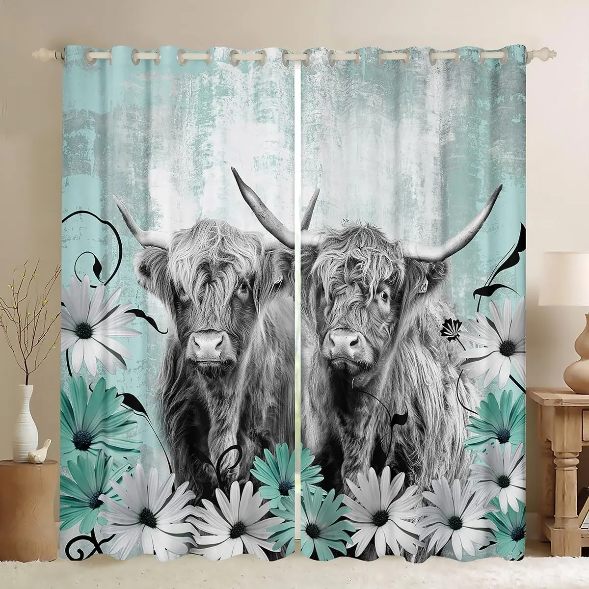 Highland Cow Print Curtains,Teal Western Longhorn Bull 30%-50% Blackout Curtains,Farmhouse Flower Daisy Decor for Living Room,Rustic Farm Cowboy Window Treatments 2 Panels