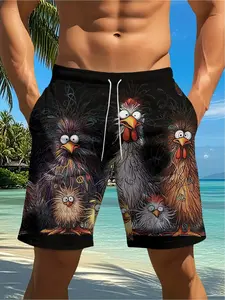 Fun Animal Chicken 3D Drawstring Swimsuit - Beachwear - Hawaiian Surf Board Shorts - Men's Flat-Front Swimsuit - Sports Pants