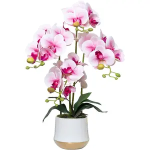 Artificial Orchid Flowers in Ceramic Vase Realistic Pink Faux Orchids 19.5 Inch Fake Phalaenopsis Plant Arrangements for Home Indoor Centerpiece Decor (Set of 4 Stems)