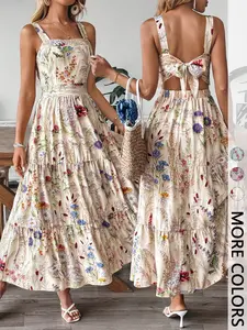 Women's Floral Print Backless Dress, Tie-Up Bow Design, Elastic Waist, Casual Vacation Commute, Elegant Halter Square Neck Dress