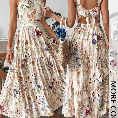 Women's Floral Print Aesthetic Backless Midi Dress, Tie-Bow Detail, Elastic Waist, Square Neck Sleeveless Summer Casual Chic Dress for Vacation & Daily Commute