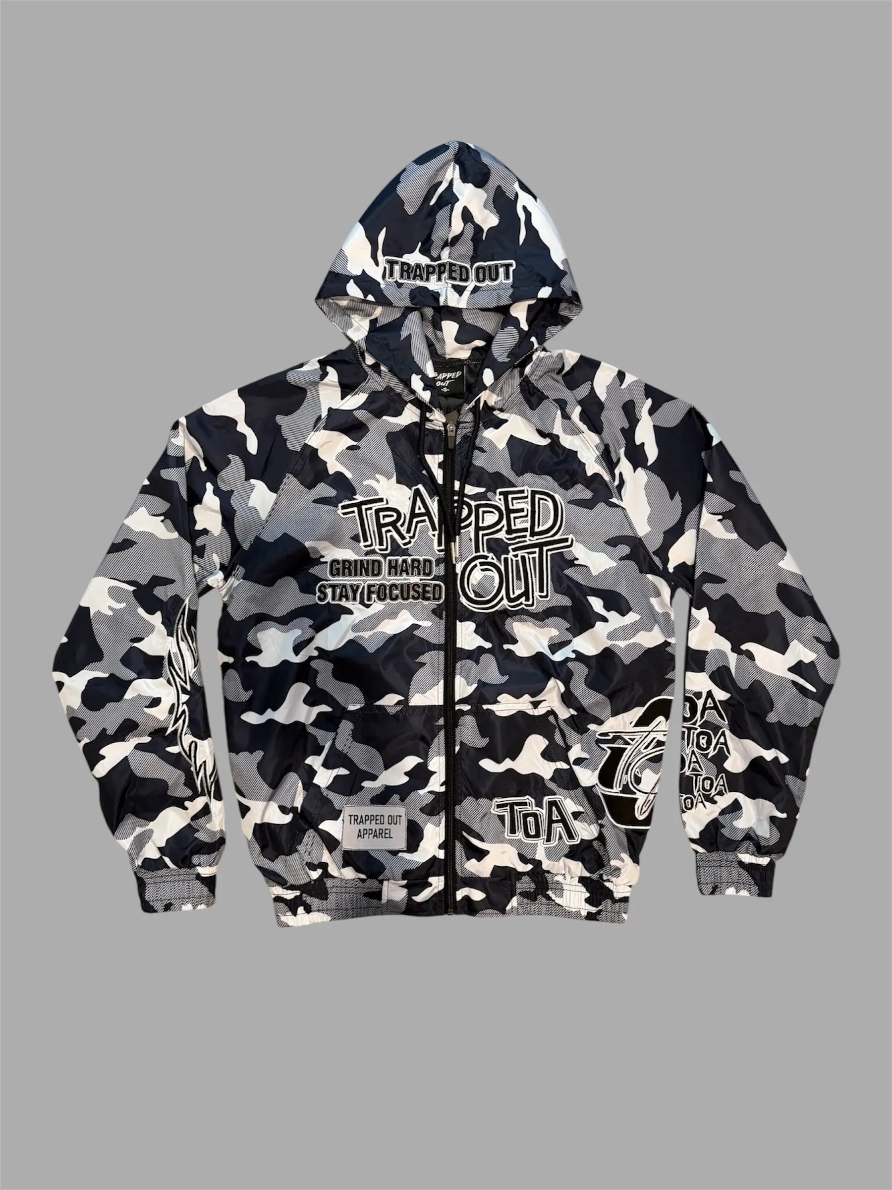 Black Camo Graphic Windbreaker Jacket with Hood