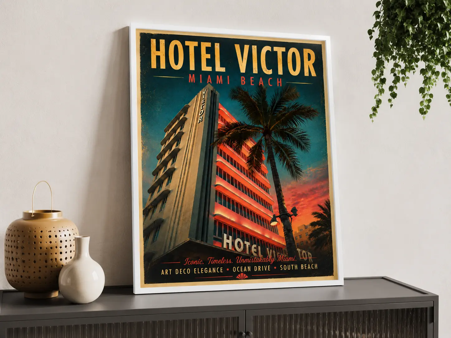 Vintage Miami Beach Art Deco Poster - Hotel Victor Sunset, Neon Palm Trees Tropical Artwork for Home Decor, Retro