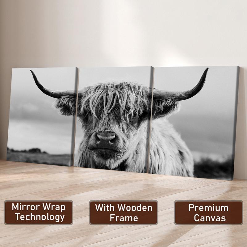 3Pcs Wooden Framed Canvas Painting, Black And White Highland Cow Portrait, Exquisite Poster, Home Decoration, Pattern Wall Art Decor, For Living Room, Bedroom, Office, Restaurant, Bar Wall Decor, Odorless, Painting, Print Artwork.