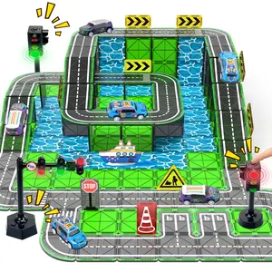 Magnetic Tiles Road Set with Pullback Car & Magnet Ship Traffic Themed Building Tiles Set with Traffic Light STEM Toy for Kids Ages 3-5 4-8 5-7 Preschool Educational Gifts