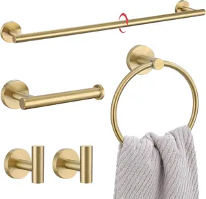 5 Pieces Brushed Gold Bathroom Accessories Set, 23.6 Inch Bath Towel Bar Set, Stainless Steel Bathroom Hardware Set Round Toilet Paper Holder Set Wall Mounted