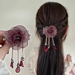 1 Piece Elegant Style Chain Tassel Decor & Mesh Rose Design Hair Claw Clip, Rose Hair Claw, Fashion Hair Styling Accessories Perfect For Women & Girls, Flower Hair Clip