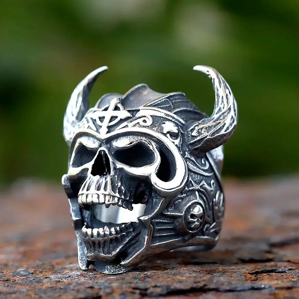 New Mens 316L Stainless Steel Viking Warrior Skull Ring Punk Nordic God of War Biker Fashion Costume Jewelry Accessory
