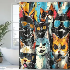 Fun Cat Shark Shower Curtain, HD Digital Print Polyester Fabric, Bathroom Divider Curtain with Plastic Hooks, Home Decor, Spring Season Best Choice