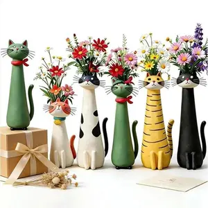 Handmade Fun Cat Vase, Cute Animal Resin Planter, Bohemian Style Home Decor, Desktop and Bookshelf Decoration, Unique Gift for Cat Lovers