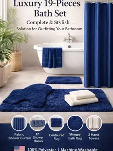 Luxury 19-Piece Bathroom Set Includes 2 Bath Mats Toilet Seat Cover Shower Curtain 3 Towels 12 Hooks Complete Ensemble for Coordinated Look Decorative Versatile Design