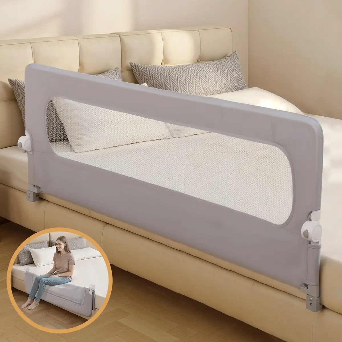 CAVEEN 59'' / 47" Bed Fence for Child, Bed Rail Guard, for Twin, Full, Queen, King Bunk Size Bed Swing Down Bedrail Extral Tall Child Safety Side Railing Guards for Kids, Bed Rail, Gray, dealsforyou, summerwins, restock, dealsforyoudays