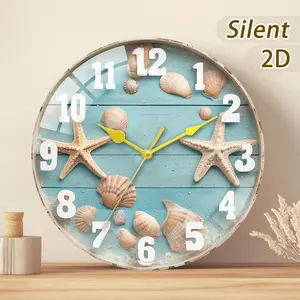 Wooden/crystal Glass Creative Clock Gift Set, Blue Wooden Background with Seashells and Starfish, Battery Driven, Home Decor