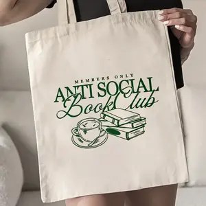 Members Only Anti Social Book Club Tote Bag - Reusable Shopping Bag with Book Lover Design, Coffee Cup & Open Books Graphic, Bookish Gift for Avid Readers, Book Bag, Casual Carryall