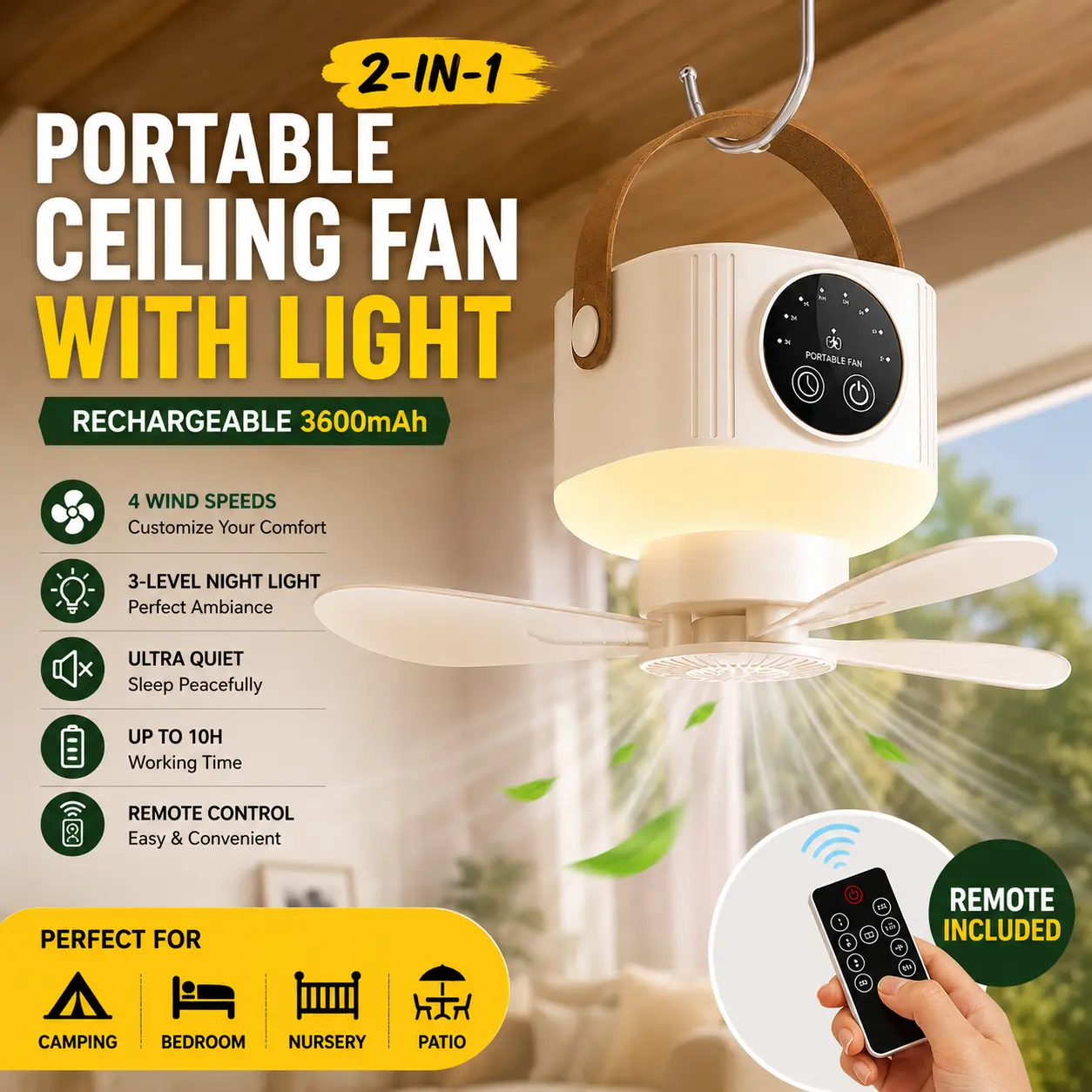 Portable Smart Ceiling Fan with LCD Display, Remote Control, USB Rechargeable Quiet Operation, 4 Speed Settings, Timer Night Light for Indoor & Outdoor Home Decor Use