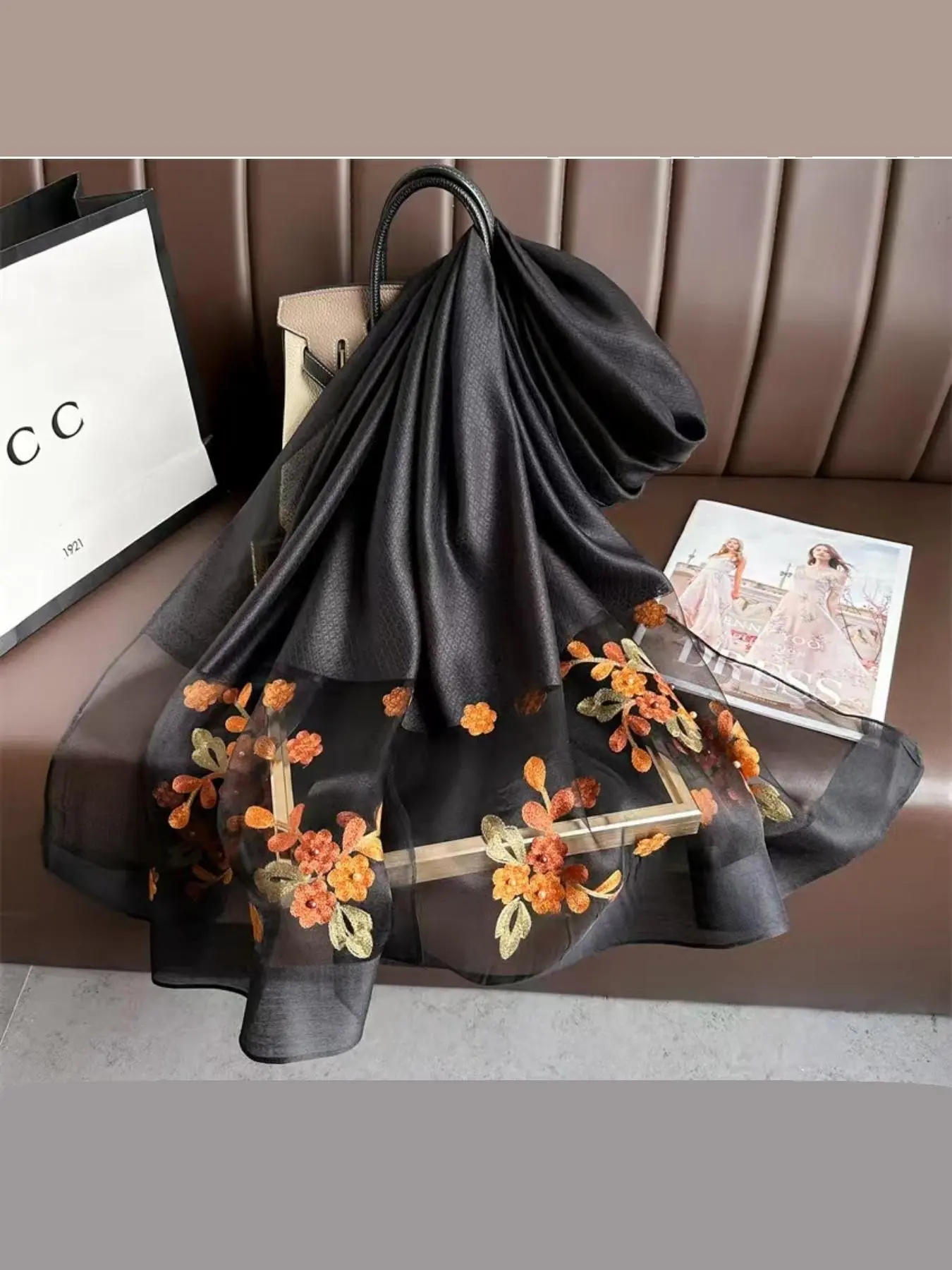 New Spring Autumn Beaded Imitation Silk Scarf for Women, Elegant Versatile Embroidered Peony Long Shawl, Summer Sun Protection Netting