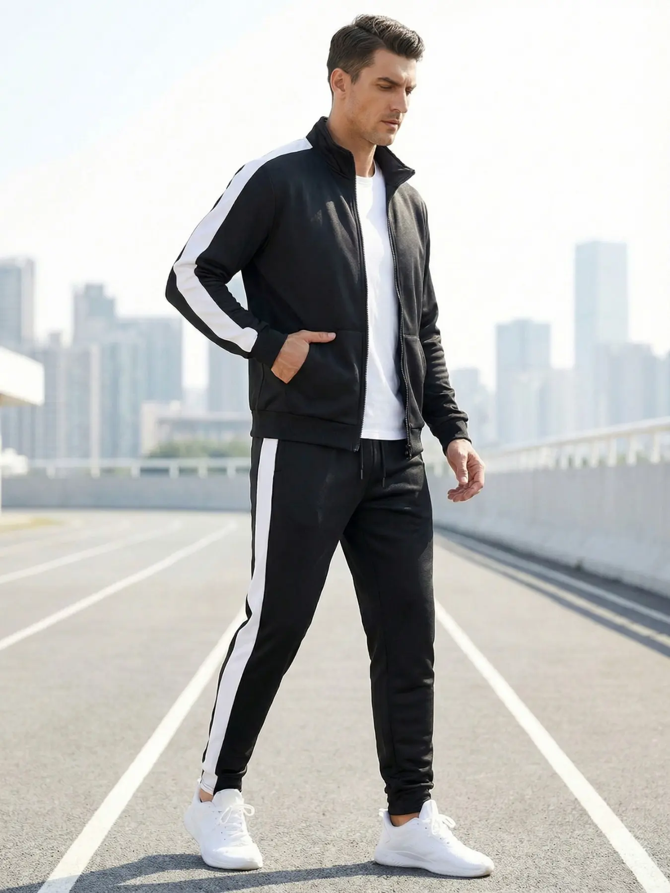 Men's Casual Two-Piece Sports Set, Casual Sporty Set, Athleisure Tracksuit Sets, Athleisure Wear, Zipper Jacket + Pants, Fleece Fabric, Elastic Waist, Regular Fit, Spring & Fall Wear