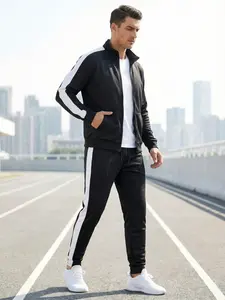 Men's Casual Two-Piece Sports Set, Athleisure Wear, Zipper Jacket + Pants, Fleece Fabric, Elastic Waist, Regular Fit, Spring & Fall Wear
