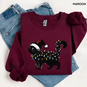 Cute Cat Christmas Sweatshirt, Gildan Sweatshirt, Cat Mom Gift, Retro Winter Vibes Sweatshirt, Christmas Gifts, Women Top, For Woman