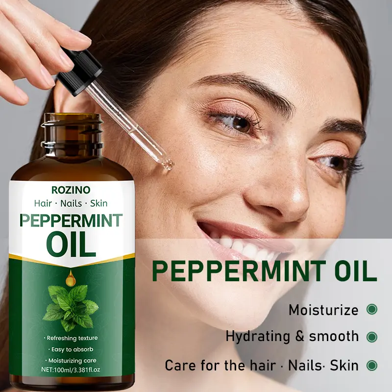 Rozino Peppermint Oil 100ml - Textured, Easy-Absorbing Body & Massage Oil for Hair, Nails & Skin Daily Care, Hydrating Moisturizer