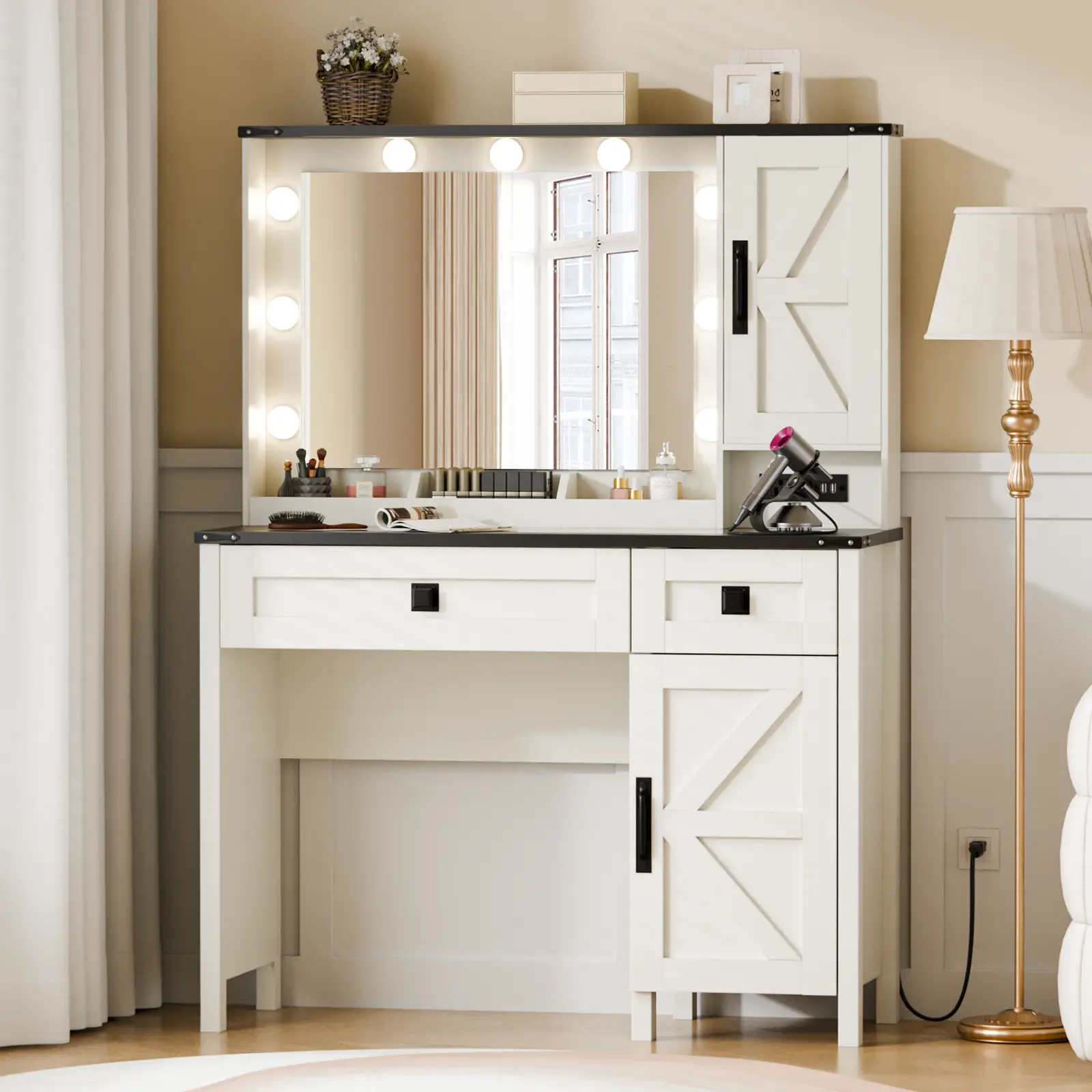 Makeup Vanity wit Mirror and Lights,Farmhouse Style Large Vanity Set with Drawers, Stool, Barndoor Cabinets for Bedroom, White