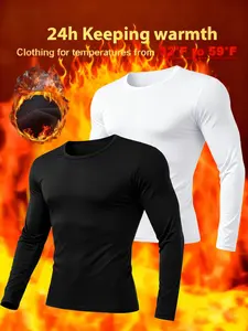 Men's Two-Piece Fleece-Lined Thermal Pajamas Soft Loungewear Athletic Top Base Layer Round Neck Solid Color High Elasticity Perfect Gift for Family and Friends