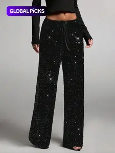 Women's Fashion Pants with Elastic Waistband, Bow Design, Sequins Detailing, Stylish Fitted Trousers for Casual Wear