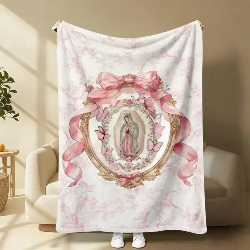 Our Lady of Guadalupe Pink Bow Frame Flannel Blanket Super Soft Warm Cozy Throw for Bed Sofa Travel Ideal Gift for Feminine Catholic Fans girlfriend colorful design kakashi bratz polyester fabric cute sloth pattern b