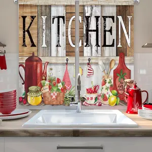 Farmhouse Vintage Kitchen Curtains 28Wx40H Inch Rod Pocket Rustic Barn Door Retro Bedroom Window Drapes Country Cups Fruits Printed Living Room Window Treatment Fabric 2 Panels ruffle boho space