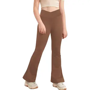 Girl's Leggings Cross High Waisted Flare Pants Yoga Bootcut Pants Solid Color Full Length Bell Bottoms