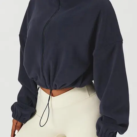 Women's Plain Drawstring Zip Up Fit Sweatshirt Fabric, Casual Long Sleeve Top for Spring & Fall, Women's Clothing for Daily Wear, Womenswear