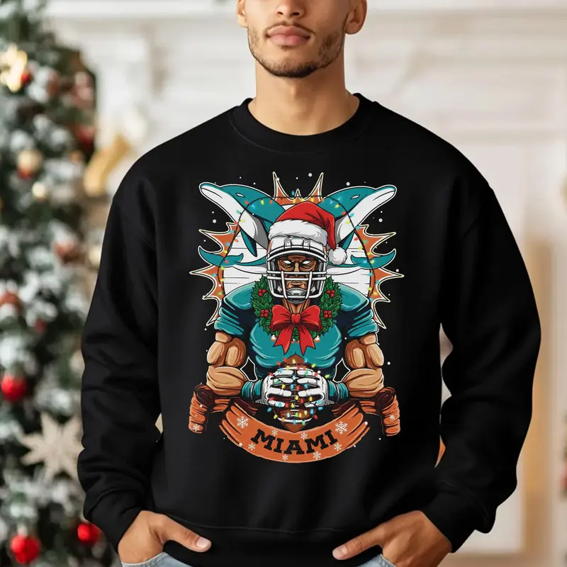 Christmas Miami Football  Hoodie, FootBall Dolphin Player Sweatshirt, Sports Apparel, Pullover Classic T-shirt, Graphic Printed Streetwear Top, 100% Cotton, Holiday Gifts