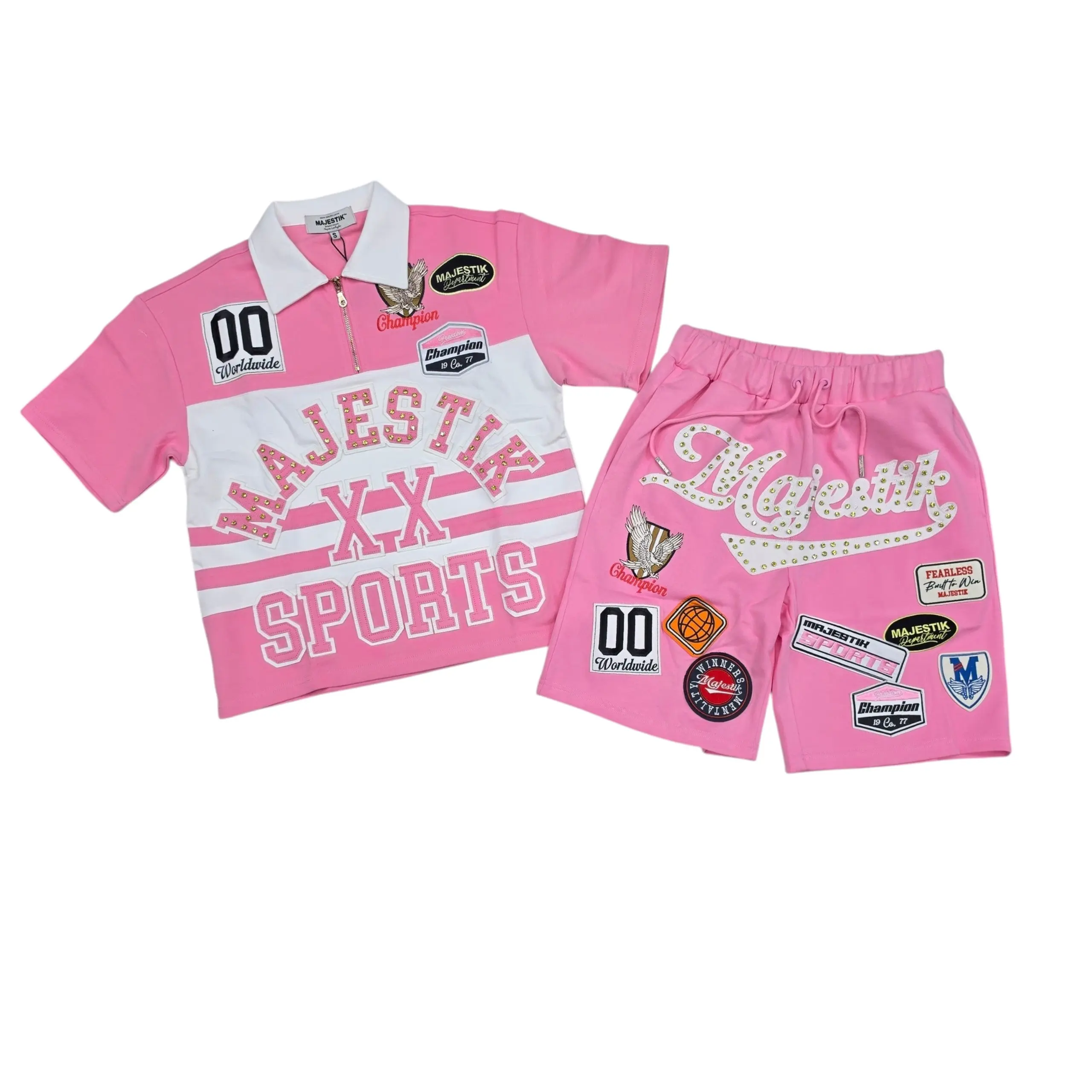 MAJESTIK MEN'S RHINESTONE POLO & SHORT SET PINK