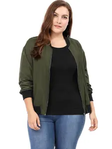 Agnes Orinda Plus Size Pocket Outwear Contrast Trim Zip Bomber Jackets