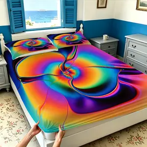 3PCS Nordic Psychedelic Colorful Fitted Sheet Set, Premium Fiber Fabric, Elastic All Around Mattress Cover, Machine Washable, All Season, Perfect for Bedroom Dorm Decor, Gift Idea