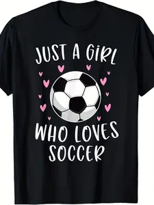 Unisex Retro Soccer T-Shirt - Just a Who Loves Soccer Slogan, 220gsm Pure Short-Sleeve Tee with Female Player Graphic, Casual Apparel for Women & Men