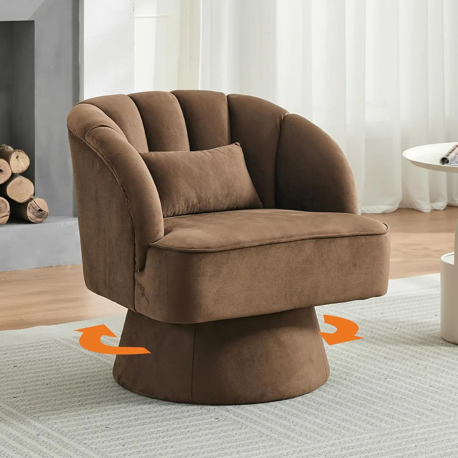 Garvee Modern 360° Swivel Barrel Accent Chair - Plush Velvet/Teddy Fabric Upholstery, Striped Backrest, Contoured Ergonomic Indoor Lounger, Indoor Furniture Chair for Living Room, Bedroom (Assembly Required, Multiple Colors), Indoor Furniture Chairs