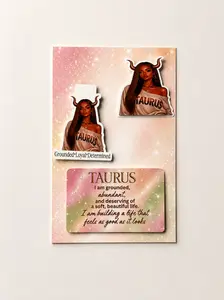 Taurus Magnetic Bookmark, Affirmation Card & 2x2 Sticker Set | Soft Girl Zodiac Aesthetic | Taurus Gift Bundle