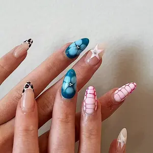 Tortoise Pattern Acrylic Fake Nail 24Pcs Leopard Print Press on Nails Glossy Pink Stars Medium Almond False Nails French Tips Stick on Fingernails Flower Gel Glue on Nail for Coquette Women Girls