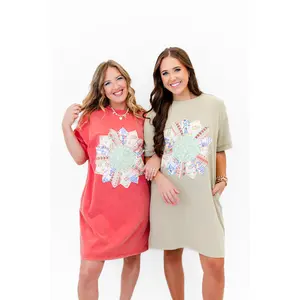 Boho Floral Patch Quilted T-Shirt Dress
