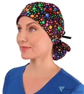 Stylish Banded Bouffant Ponytail Scrub Cap - Multi Color Dots with Black Ties