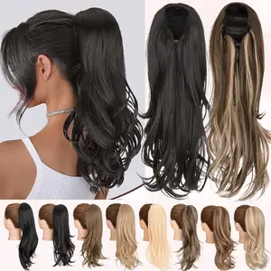22 Inch Layered Wavy Pony Tail Hair Extensions Ponytail Extensions with 2 combs for Women Natural Drawstring Ponytail Synthetic Hairpiece  Long Brown Black mix Blonde