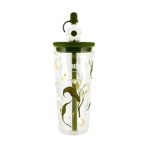 Ousbo 720ml Double Wall Glass Tumbler with Straw | Calla Lily Design | Insulated Iced Coffee Cup