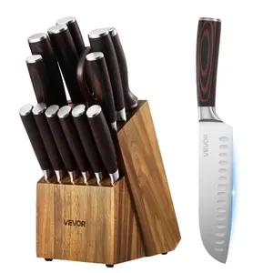 VEVOR Kitchen Knife Set with Block and Sharpener, 15 Piece High Carbon Stainless Steel Knife Set, Rust-Resistant Kitchen Cutlery with Ergonomic Handle, Sharpening Rod Premium Wooden Block, for Home