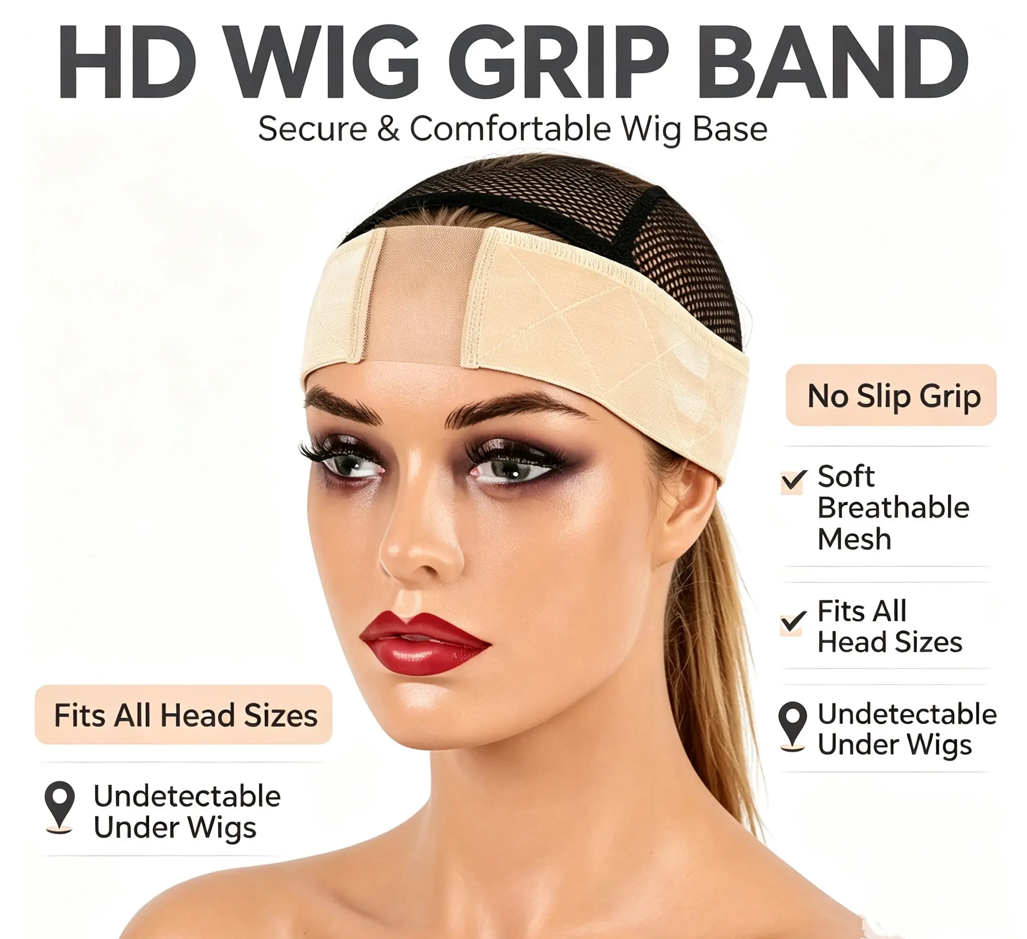 2 Pack Velvet Lace Wig Grip Band, Adjustable Non-Slip Glueless Wig HeadbandNon-Slip Wig Headband for Lace Front Wigs,Wig Grip Band Beige Nude Seamless Hairline Holder